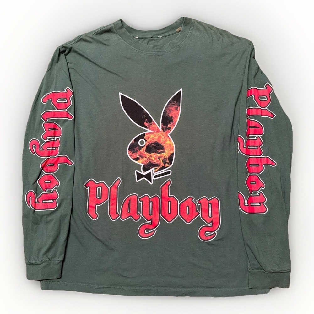 Playboy Pacsun Mens Long Sleeve Graphic‎ Bunny T Shirt Flames XL Green Cotton